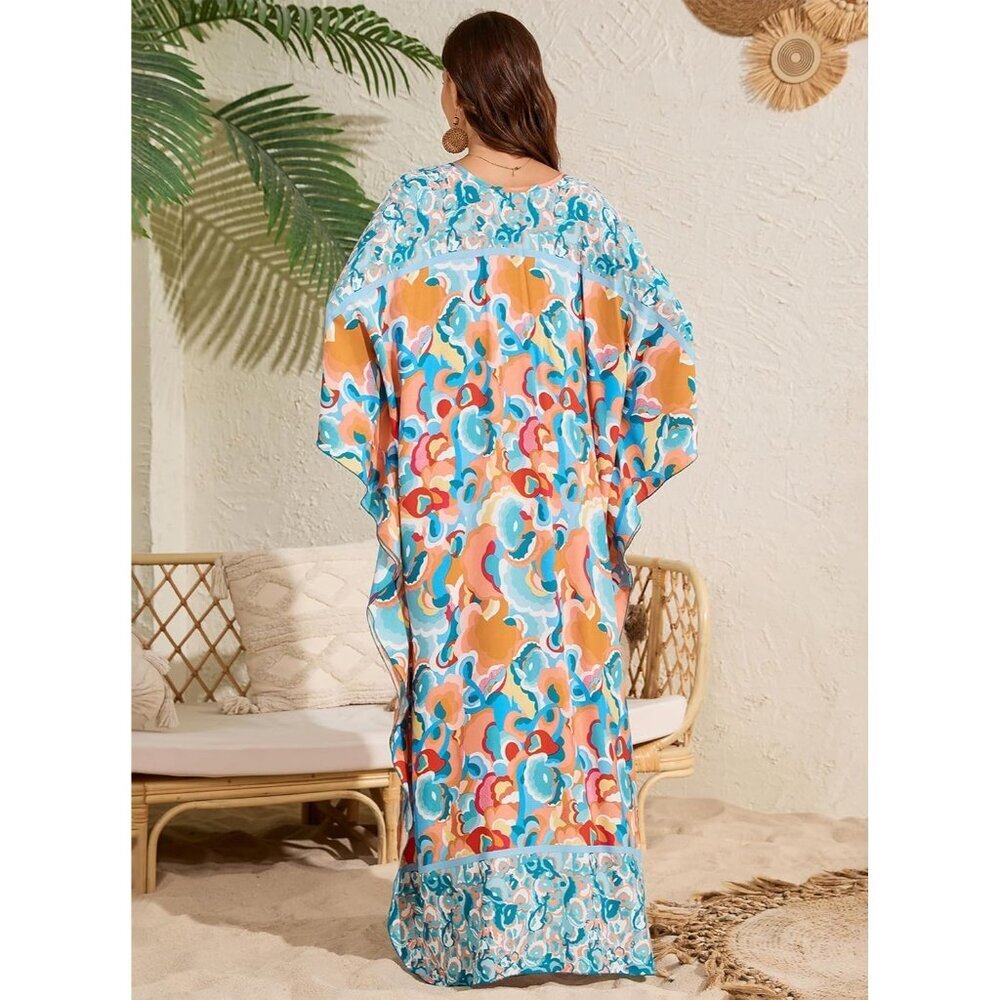 Women Blue Orange Floral V-neck Batwing Sleeve Flowy Split Bohemian Kaftan Dress - Picture 3 of 7